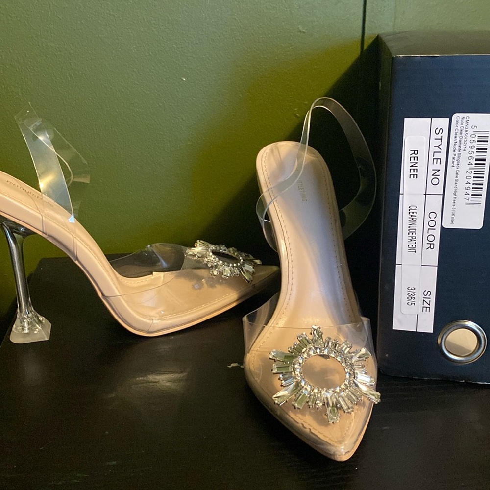 Nude , diamanté, perspex heels from PrettyLittleThing. Cake  stand heel .